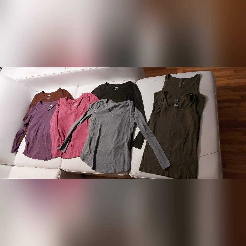 Stack of SONOMA BRAND LONG SLEEVE SHIRTS AND TWO TANK TOPS. SIZE:  SMALL.